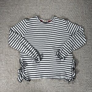 Boden Navy & White Striped Ruffle Side Split Hem Long Sleeve Top | Crew Neck